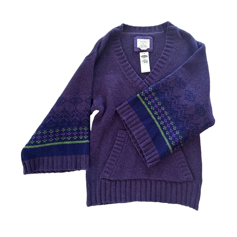 Old‎ Navy M Purple Fair Isle Sleeve Cotton Wool Knit V Neck Sweater Front Pouch